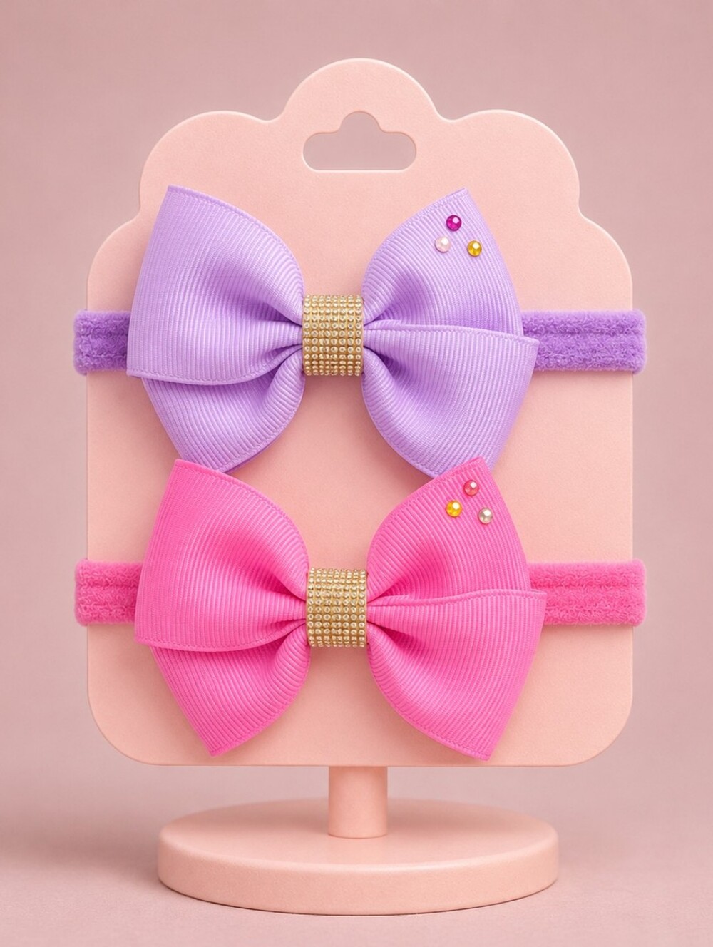 Handmade, Elastic Headband Set Ribbon Bows In Fushsia And Lavander 🎀✨